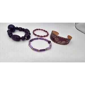 Set of 3 Purple & Pink Beaded Bracelets | Copper Floral Cuff
